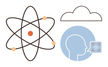 Atomik model, bulut ve ses tanıma profili fizik, yapay zeka ve veri depolama anlamına gelir. Bilim, teknoloji, yapay zeka öğrenme, bulut hesaplama eğitim yeniliği için idealdir. Basit düz