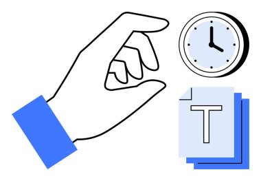 Minimalist el simgesi, saat eşliğinde dizilmiş metin dosyalarıyla etkileşime giriyor. Zaman yönetimi, üretkenlik, organizasyon, dijital iş akışı, görev çizelgesi, planlama, basit iniş için ideal