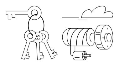 Kapı kilidi silindiri ve bulutun yanındaki anahtarlıkta üç anahtar var. Güvenlik, erişim kontrolü, gizlilik, koruma, ev güvenliği, kimlik doğrulama ve teknoloji için ideal. Basit düz metafor