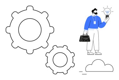 Büyük vites ve bulut şeklinin yanında bir ampul tutan kişi, fikirleri, yaratıcılığı, iş akışını, yeniliği, problem çözmeyi, verimliliği ve dijital dönüşümü basit bir düz mecazda sembolize eder.