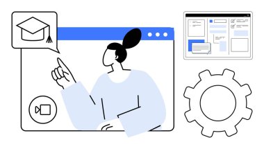 Konuşma balonundaki mezuniyet şapkasını, tarayıcı pencerelerini ve vites simgesini gösteren bir kadın. Eğitim, e-öğrenme, teknoloji, takım çalışması, çevrimiçi işbirliği, yenilik ve arayüz tasarımı için ideal