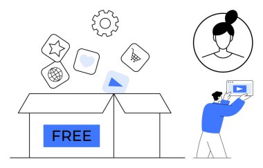 Uygulama simgelerinin ortaya çıktığı FREE etiketli kutuyu aç, tabletli bir figür, kullanıcı avatarı ve çark. Teknoloji, yaratıcılık, e-öğrenme, dijital araçlar, girişimler için ideal basit iniş