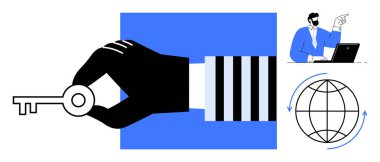 El ele tutuşan iş adamı dizüstü bilgisayarda el kol hareketi yapıyor, oklu bir dünya. Güvenlik için ideal, küresel iş, teknoloji, erişim, yenilik, liderlik takım çalışması. Basit düz