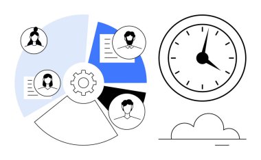 Takım profillerine sahip dişli mekanizması segmentler, belge simgeleri, zamanı vurgulayan saat, aşağıda bulut. Takım çalışması, verimlilik, işbirliği, süreç yönetimi ve son teslim tarihi için ideal