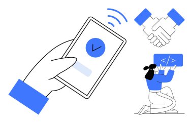 Kontrol işareti, tokalaşma ve kodlama tahtası olan el ele tutuşan telefon. Teknoloji, ortaklık, güven, mobil ödeme, yazılım geliştirme, takım işbirliği basit iniş sayfası için ideal