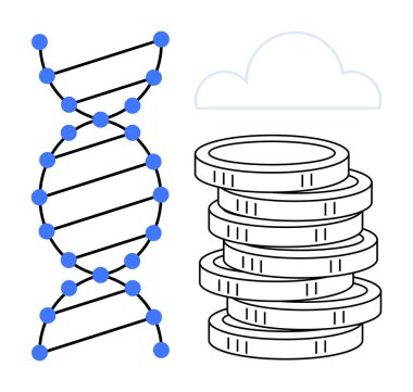 Yığılmış paraların yanında mavi düğümlü DNA sarmalı ve bir bulut çizgisi. Biyoteknoloji finansmanı, yenilik, yatırım, genetik, araştırma, ekonomi ve teknoloji temaları için ideal. Basit düz metafor