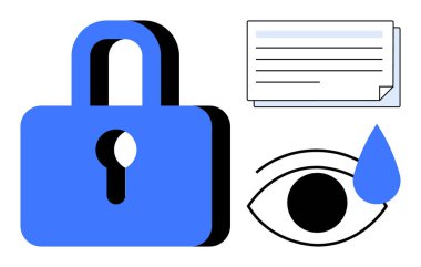 Mavi kilit korumayı, su damlasıyla göz gizlilik endişesini ve veriyi temsil eden belgeyi simgeliyor. Güvenlik, gizlilik, erişim, koruma, teknoloji, veri yönetimi için ideal