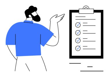 Not panosunda işaretli eşyaların olduğu listeye doğru hareket eden kişi planlama, görev yönetimi ve verimliliği sembolize ediyor. Takım çalışması, proje planlaması, koçluk, organizasyon, strateji hedefi için ideal