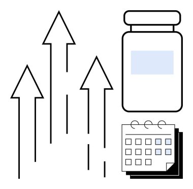 İlaç şişesinin ve takvimin yanında yukarı çıkan oklar gelişimi, sağlığı, zamanlamayı ve büyümeyi temsil ediyor. Sağlık yönetimi, verimlilik, ilerleme, büyüme planlama ve ilaç izleme için ideal