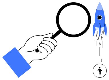 Fırlatma roketini ve küçük figürü hedef alan bir büyüteç. Araştırma, yenilik, keşif, girişim, büyüme, fırsat, keşif için idealdir. Modern basit düz metafor