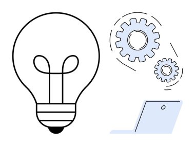 Ampul fikirleri temsil ediyor. Dişliler süreci ve verimliliği sembolize eder. Dijital teknolojiyi gösteren dizüstü bilgisayar. Yaratıcılık, yenilik, problem çözme, takım çalışması, beyin fırtınası, teknoloji için ideal