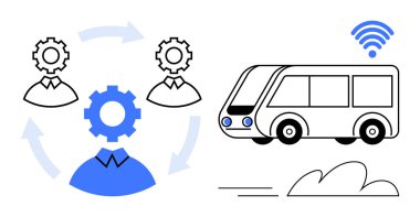 Kablosuz sinyal ve hız hatlarıyla akıllı otobüsün bitişiğindeki bisiklet akışında profesyonel figürleri birbirine bağlayan dişliler. Takım çalışması, iletişim, hareketlilik, yenilik, teknoloji, strateji için ideal