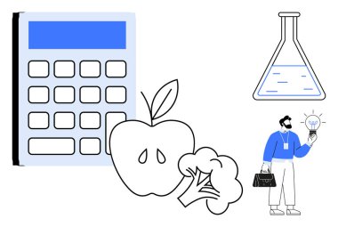 Hesap makinesi, elma, brokoli ve besin, gıda bilimi ve sağlıklı yaşamı sembolize eder. Ampul uzmanı analizi ve yeniliği temsil eder. Sağlık ve sağlık araştırmaları için ideal