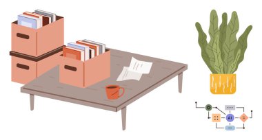 Tahta masa, yığılı dosya kutuları, kağıtlar ve kırmızı kupa, dekoratif bir bitki ve temel işlem akış şemasının yanında. Organizasyon için ideal, üretkenlik, iş akışı, evden çalışma, basitlik