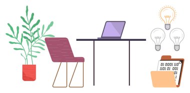 Masada dizüstü bilgisayarı, modern koltuğu, saksı bitkisini, fikirleri sembolize eden ampulleri ve ikili kod dizinini içeren organize masa kurulumu. Üretkenlik, yenilik, teknoloji ve ofis için ideal