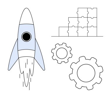 Roket dişli ve bulmaca bloklarıyla kalkıyor, yaratıcılığı, problem çözmeyi, takım çalışmasını, büyümeyi, yeniliği, işbirliği ve teknolojiyi sembolize ediyor. Girişimler için ideal ürün geliştirme