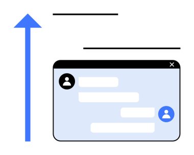 Büyümeyi, ilerlemeyi ve iletişimi sembolize eden mavi okun yanında kullanıcı avatarları ve mesajlarla sohbet penceresi. Dijital araçlar, mesajlaşma, ağ oluşturma, takım çalışması ve teknoloji için ideal