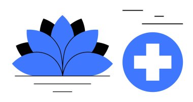 Siyah aksanlı ve sağlık işaretli mavi nilüfer çiçeği denge, sağlık ve sağlığın altını çizer. Sağlık, ilaç, yoga, bütünsel bakım, farkındalık, spa sade iniş sayfası için ideal