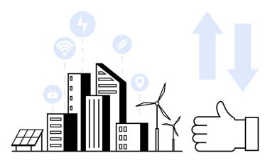 Şehir binaları, güneş panelleri, rüzgar türbinleri, bağlantı göstergeleri, baş parmaklar ve oklar. Sürdürülebilirlik, yeşil enerji, teknoloji, gelecekteki yenilik için ideal eko tasarımı basit çözümler