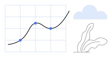 Şebekede veri noktaları, soyut bitki ve bulut simgesi olan çizgi grafiği. Analiz, iş büyümesi, finansal trendler, ilerleme, strateji, çevre dostu olma ve sürdürülebilirlik için idealdir. Basit düz