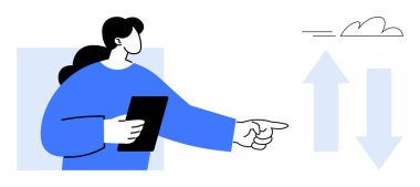 Tableti tutan ve oku yukarı aşağı gösteren kadın eğilim, büyüme ya da değişimi sembolize ediyor. İş, analiz, strateji, ilerleme, karar verme, liderlik için ideal