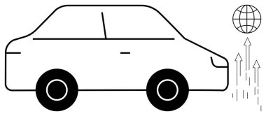 Yakıt verimliliğini, emisyonları, sürdürülebilirliği ve iklim değişikliğini sembolize eden yükselen oklarla ana hatları. Yeşil teknoloji, ulaşım ve yenilik için ideal