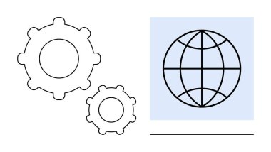 Şebeke desenli bir küre yanında iki vites takım çalışmasını, küresel bağlantıyı, teknik operasyonları ve yeniliği simgeler. İş stratejisi, teknoloji, küresel ulaşım, sistemler, takım çalışması ilerlemesi için ideal