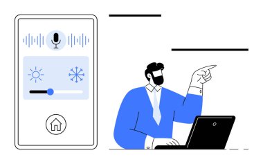 Akıllı telefon arayüzü akıllı ev ayarlarını yönetir. Sıcaklığı arttırır ve iş dünyasının profesyonel ışıklarını yakar. Dizüstü bilgisayarla uğraşır. Teknoloji, yenilik ve ev otomasyonu için ideal.