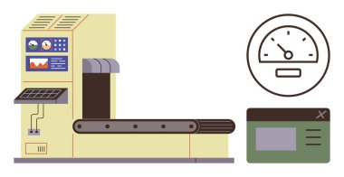 Bağlı kontrol paneli, grafikler, göstergeler, hız göstergesi ve arayüz pencereli taşıyıcı bant. Üretim, otomasyon, endüstriyel işleme, makine izleme iş akışı optimizasyonu için ideal