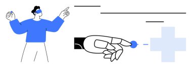 El hareketleriyle işaret eden insanlar, dijital arayüzle etkileşen robot eller, teknoloji, otomasyon ve yeniliğe odaklan. Takım çalışması, yenilik, teknoloji ve kesinlik için ideal.