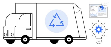 İçinde ok üçgeni bulunan geri dönüşüm kamyonu, grafikleri gösteren analitik gösterge paneli ve içinde ekipman bulunan yaratıcı ampul. Sürdürülebilirlik, yenilik, eko-düşünme, ilerleme, veri analizi için ideal