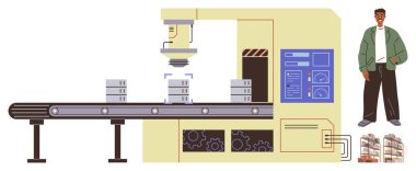 Ayrıntılı kontrol paneliyle ürün ambalajını kontrol eden otomatik taşıma makinesi, yanında da gözlemci bir adam. Üretim, otomasyon, ürün montajı, teknoloji trendleri ve sanayi için ideal