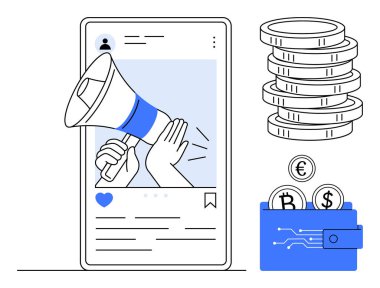 Akıllı telefon ekranında pazarlama için megafon, para desteleri, para birimi simgeli dijital cüzdan. Reklam, markalaşma, e-ticaret, fintech, sosyal yardım işi yatırımları için ideal. Temiz daire