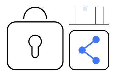 Güvenlik sembolü, bağlantı için mavi paylaşım simgesi ve minimal pencere grafiği. Siber güvenlik, gizlilik, işbirliği, veri paylaşımı, teknoloji uygulamaları, ağ kurmak için ideal