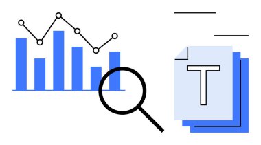Bar çizelgesi, çizgi grafiği, büyüteç ve metin dökümanı. Analiz, araştırma, veri stratejisi, raporlama, bilgi işleme eğitimi ve basit bir iniş sayfası için ideal