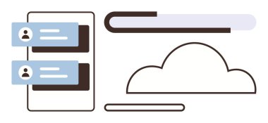 Mesaj simgeleriyle mobil arayüz ögeleri, bulut depolama sembolü ve navigasyon çubuğu dijital veri yönetimini vurguluyor. İletişim, bulut hesaplama, dosya paylaşımı, UIUX tasarımı için ideal