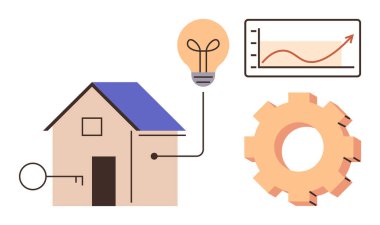 Anahtarı olan bir ev, elektrik ampulü, analitik için büyüme grafiği ve yenilik için teçhizat. Akıllı teknoloji, ev güvenliği, enerji verimliliği, ilerleme, yenilikçilik verimliliği için ideal