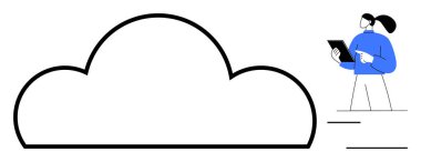 Tableti elinde tutan kadın, bulut hesaplamasını temsil eden ana hatlı bulutun yanında. Teknoloji, veri yönetimi, uzaktan erişim, yenilik, bilişim çözümleri, dijital araçlar, basit iniş sayfası için ideal