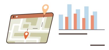 Analiz ve karşılaştırmayı gösteren çubuk çizelgesinin yanında iğne ve patika olan dijital harita. Navigasyon, veri analizi, planlama, strateji, karar verme, iş ve eğitim için ideal. En düşük düz
