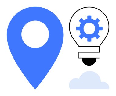 Mavi lokasyon iğnesi, dişli ampul yaratıcı çözümleri sembolize ediyor, bulut aksanı. Teknoloji, yenilik, strateji, navigasyon, bulut hesaplama iş büyümesi ve beyin fırtınası için ideal. Basit.