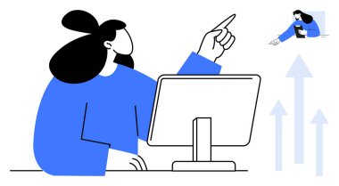Kadın bilgisayara bağlanıyor, yukarı doğru işaret ediyor, ilerlemeyi simgeliyor. Daha küçük girdilerin ve büyüyen okların göze çarpmayan özellikleri. İş hedefleri, başarı, performans, analitik için ideal