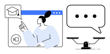 Video 'da eğitim ikonu seçen kişi, noktalı konuşma balonu ve denge ölçeği. Eğitim, iletişim, e-öğrenme, karar verme, teknoloji, online sınıf metaforu için idealdir. Basit.