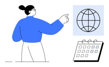 Mavili kadın takvimin yanındaki küreyi işaret ediyor, küresel bağlantıyı, organizasyonu, planlamayı, eğitimi, takım çalışmasını, seyahat ve stratejiyi temsil ediyor. Basit düz metafor için ideal