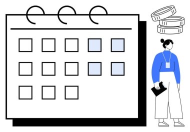 İşaretli tarihli büyük takvim düzeni, profesyonel figürlü pano, bozuk para yığını. Planlama, bütçe, proje yönetimi, zamanlama, zaman yönetimi, organizasyon için ideal