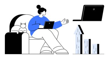 Kanepede dizüstü bilgisayar tutan bir kadın, başka bir ekranda el kol hareketi yapıyor, büyüme çizelgesi yükseliyor. Kedi yanı sıra, evden iş taşıma, sanal işbirliği. Uzak çalışma, üretkenlik ve büyüme için ideal