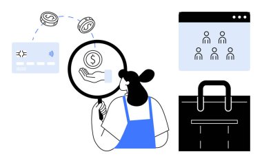 Kadın parayı büyüteçle, NFC kartıyla, insan profillerini tarayıcıda ve yakınlardaki evrak çantasıyla inceliyor. Finans, analiz, tasarruf, dijital ödeme, bankacılık soruşturması e-ticaret için ideal