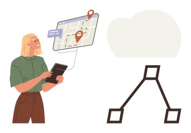 Bulut ve veri akış tabletine bağlı, haritalı, konum pimleri gösteren bir tablet tutan kadın. Veri depolama, navigasyon, teknoloji, bulut hesaplama, bağlantı, lojistik, iletişim için ideal