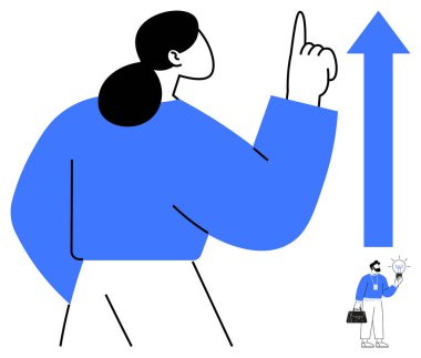 İşadamı ampulü tutarken kadınlar yukarı doğru büyük bir oka doğru hareket eder. Büyüme, ilham, liderlik, yenilik, takım çalışması, başarı ve motivasyon için ideal. Minimalist ve basit düz metafor