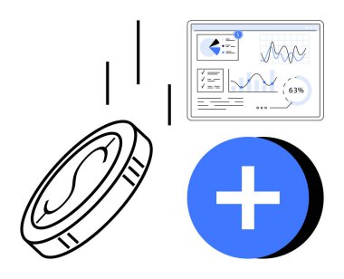 Bozuk para düşüşü, analitik grafikleri gösteren veri paneli ve kalın artı işareti büyüme, yatırım ve işbirliğini destekleyen finansal kavramları temsil ediyor. Finans, analitik ve ekonomi için ideal