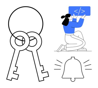 Metin editörü olan bir kadın, birbirine bağlı iki güvenlik anahtarı ve bir alarm zili. Programlama, siber güvenlik, bildirimler, yazılım geliştirme, veri gizliliği, kullanıcı arayüzü için ideal